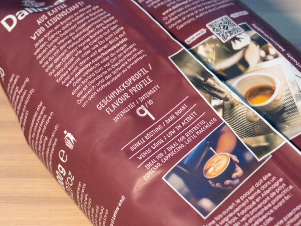 Dallmayr Home Barista Espresso Intenso – informace na obalu